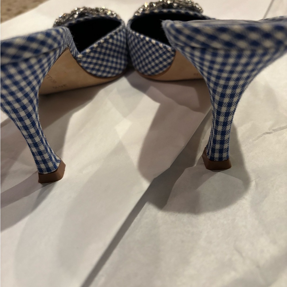 Blue gingham kitten pumps